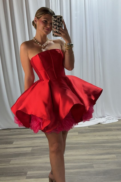 Simple Red Strapless Satin A Line Corset Short Cocktail Dress