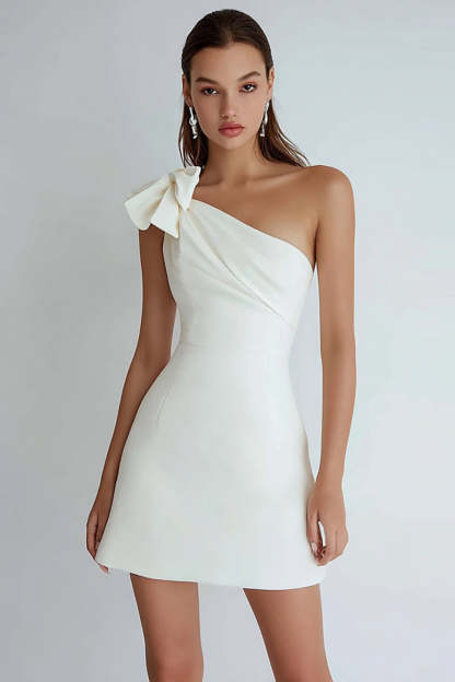 Ivory Satin A Line One Shoulder Short Cocktail Dress With Bow