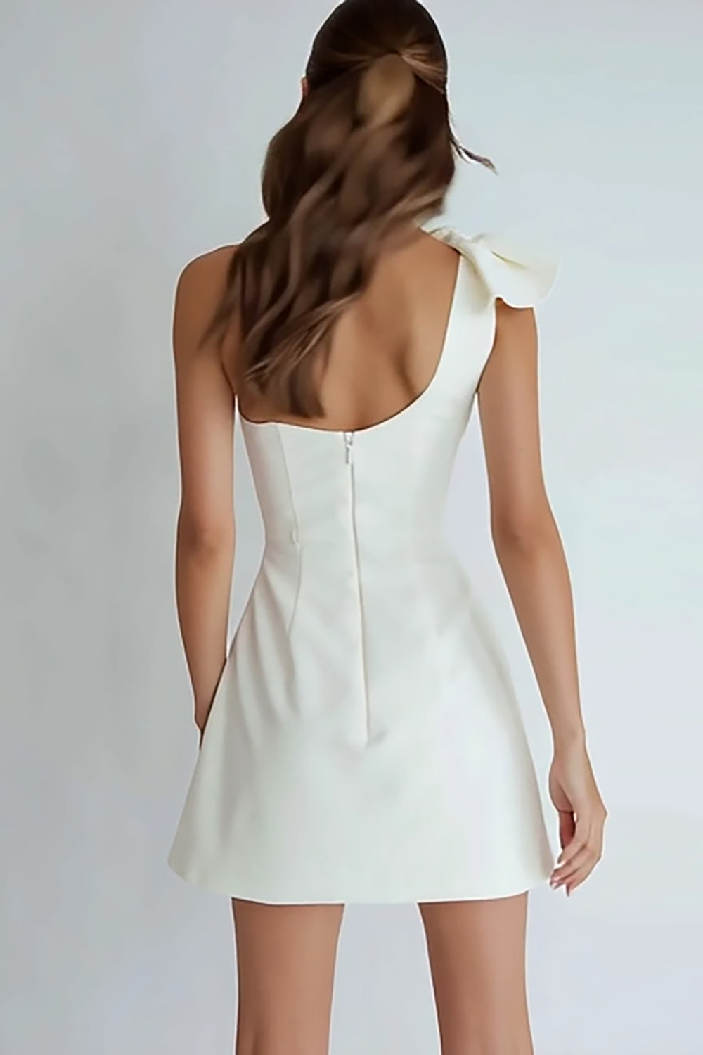 Ivory Satin A Line One Shoulder Short Cocktail Dress With Bow