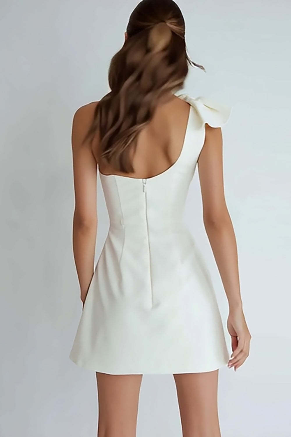 Ivory Satin A Line One Shoulder Short Cocktail Dress With Bow