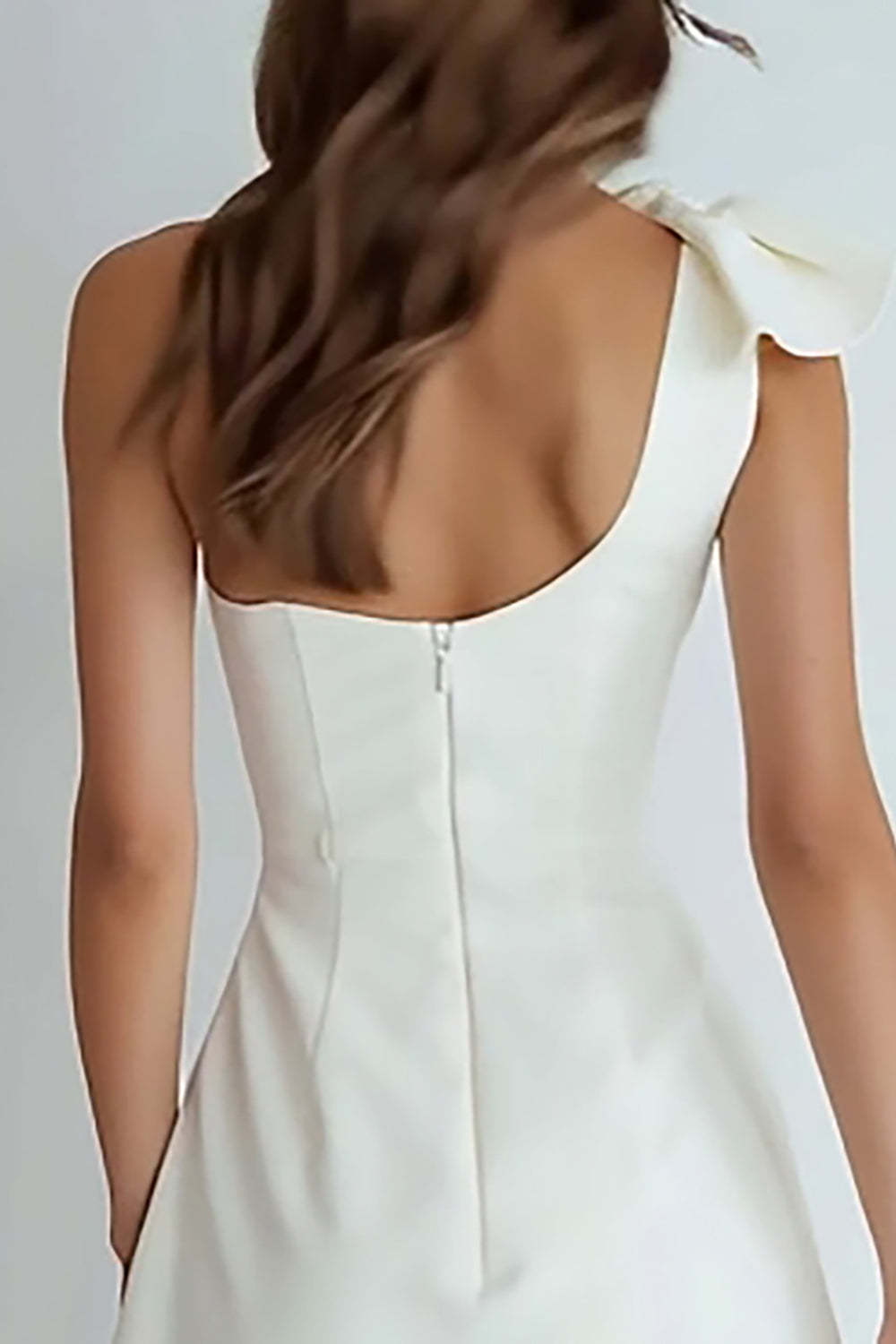 Ivory Satin A Line One Shoulder Short Cocktail Dress With Bow