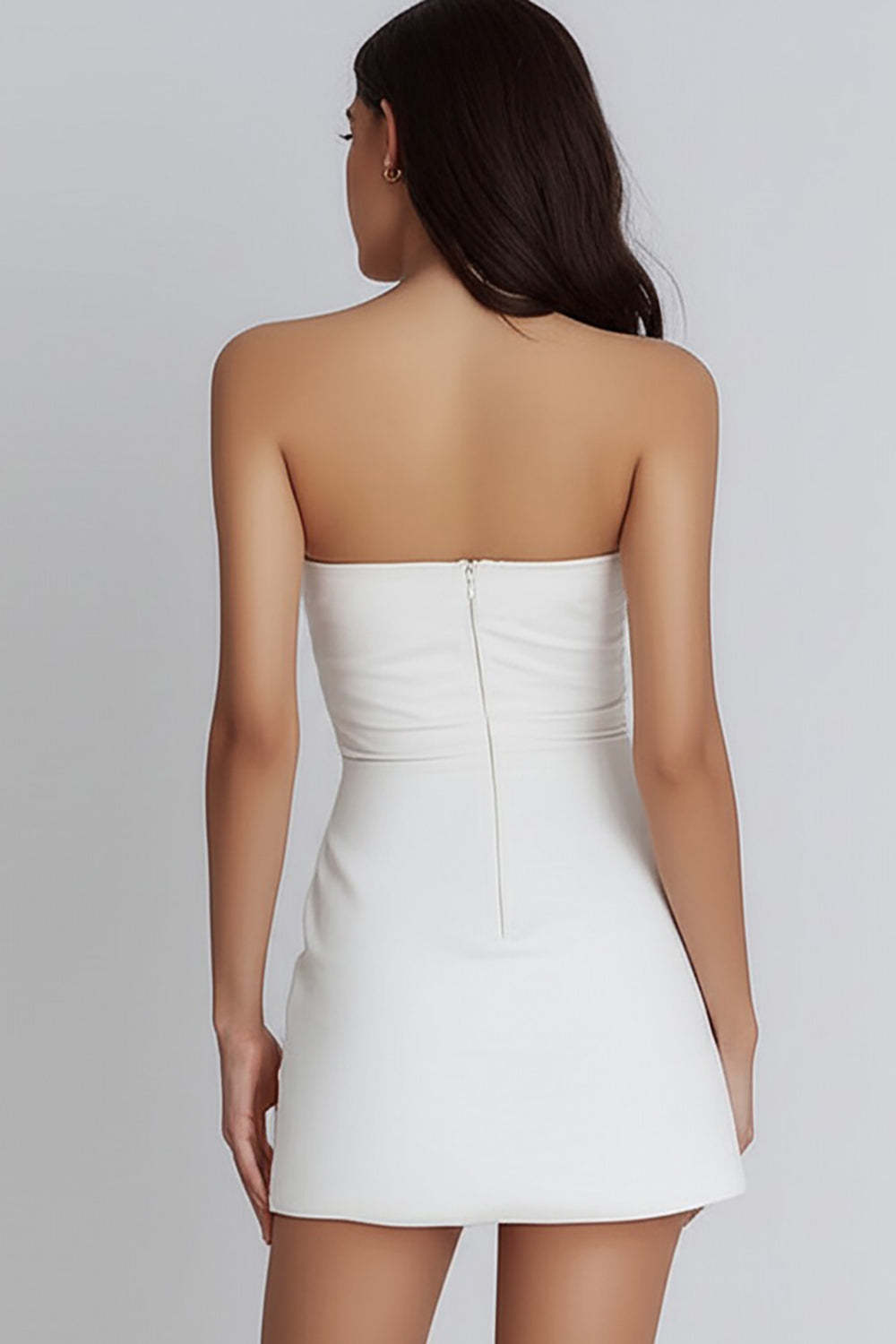 Ivory Strapless Satin Short A Line Cocktail Dress With Ruffles