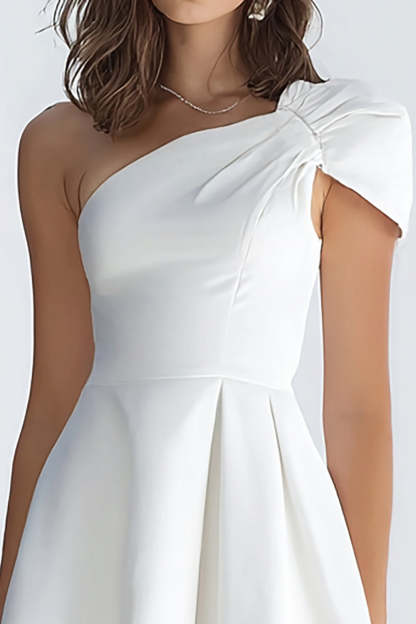 Simple Ivory A Line One Shoulder Short Satin Cocktail Dress