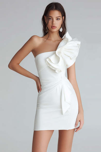 Ivory Satin Satin One Shoulder Short Tight Cocktail Dress With Ruffles
