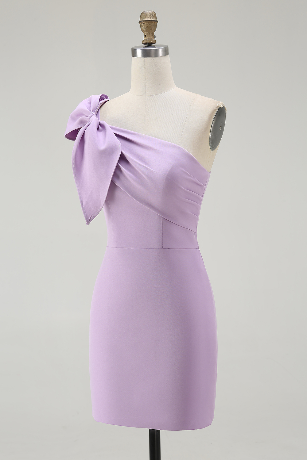 Lilac Satin One Shoulder Ruched Short Tight Cocktail Dress With Bow