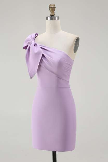 Lilac Satin One Shoulder Ruched Short Tight Cocktail Dress With Bow