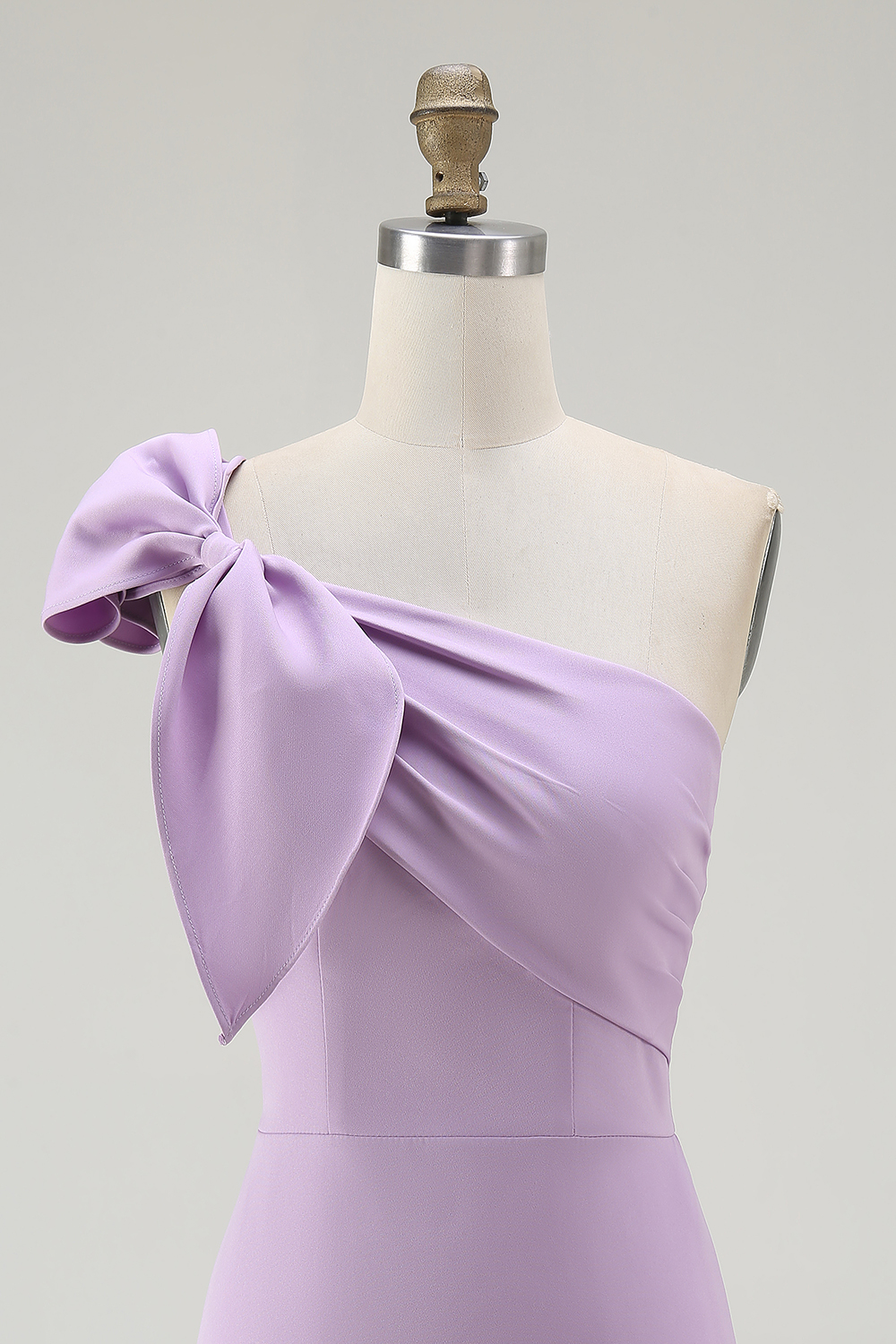 Lilac Satin One Shoulder Ruched Short Tight Cocktail Dress With Bow