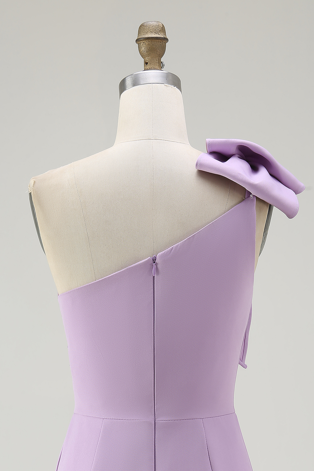 Lilac Satin One Shoulder Ruched Short Tight Cocktail Dress With Bow