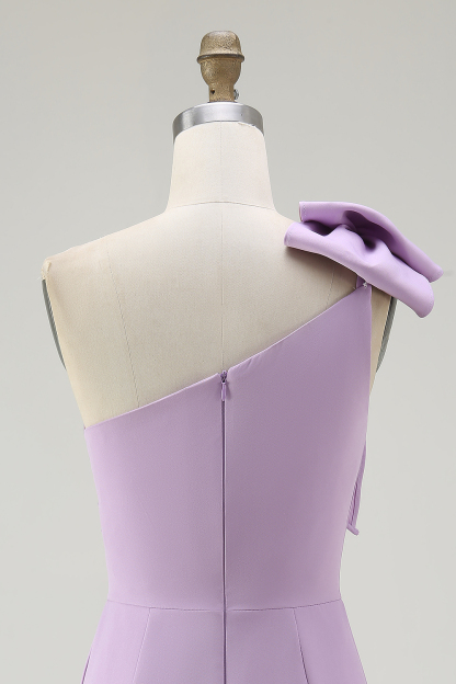 Lilac Satin One Shoulder Ruched Short Tight Cocktail Dress With Bow