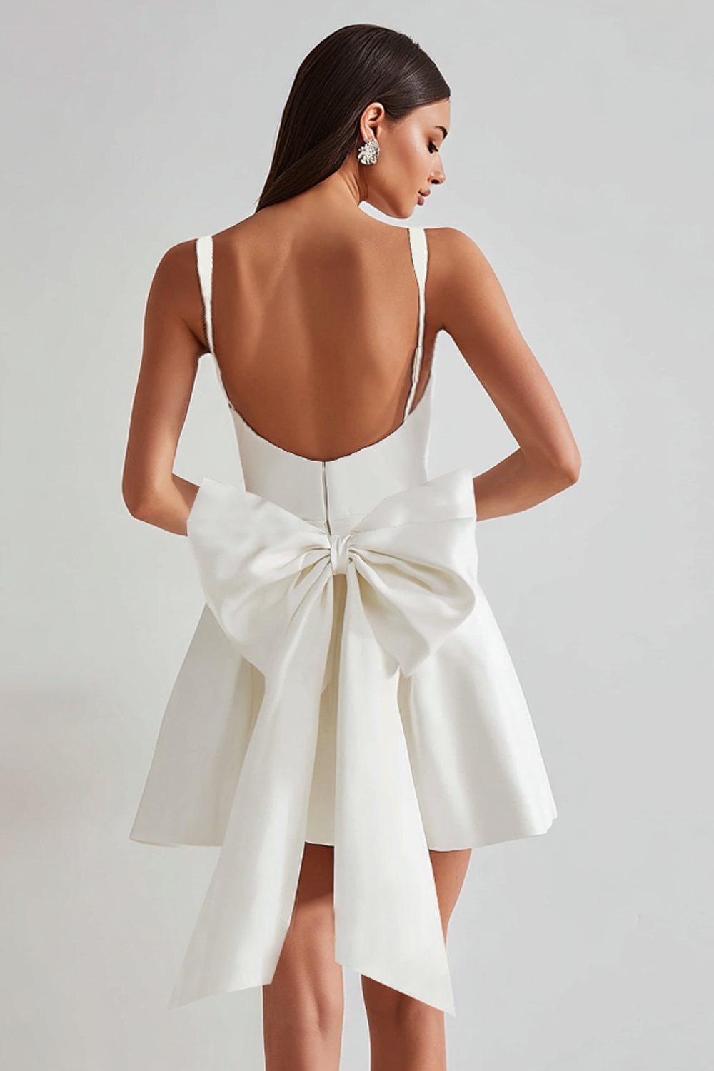 Elegant White A Line Square Neck Short Satin Cocktail Dress With Bow