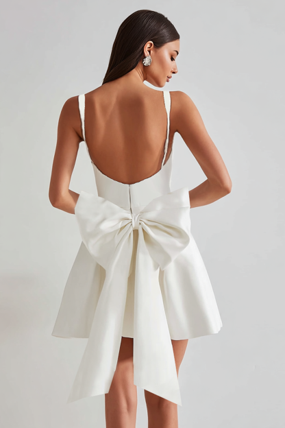 Elegant White A Line Square Neck Short Satin Cocktail Dress With Bow