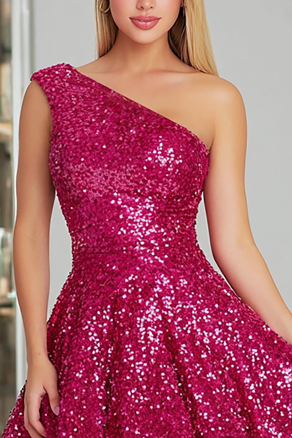 Sparkly Fuchsia One Shoulder A Line Short Sequin Cocktail Dress