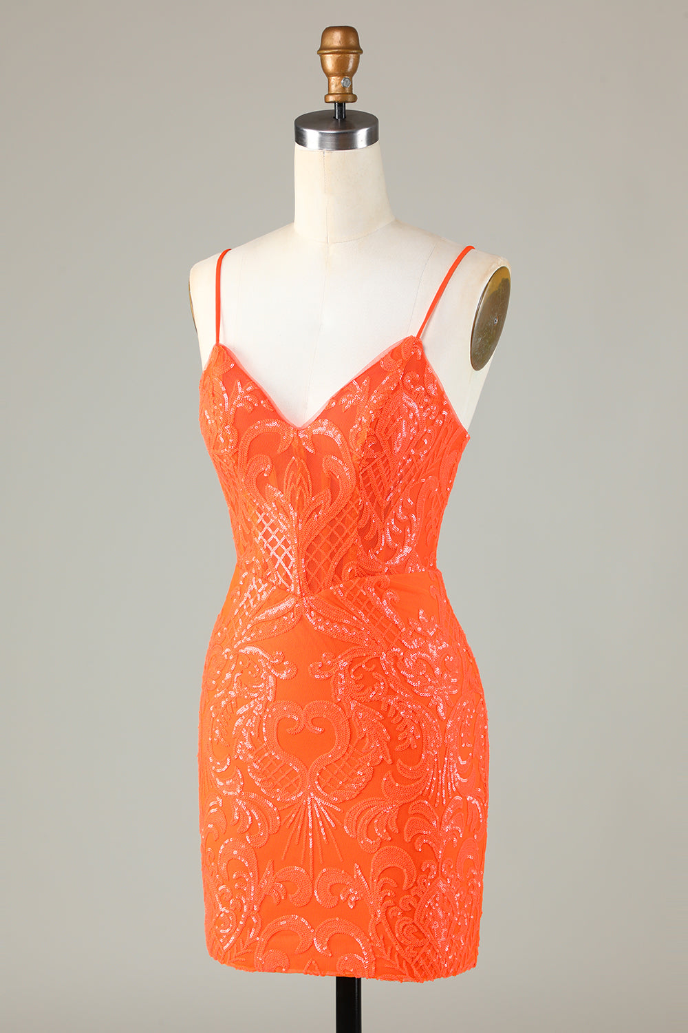 Sparkly Sheath Spaghetti Straps Orange Sequins Corset Cocktail Dress