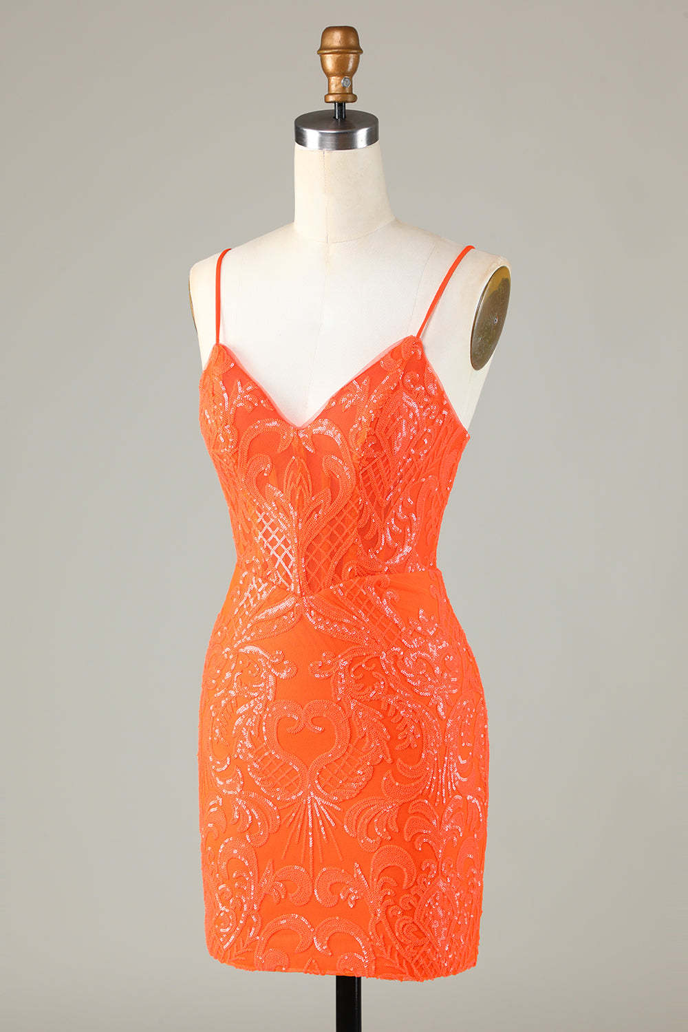 Sparkly Sheath Spaghetti Straps Orange Sequins Corset Cocktail Dress