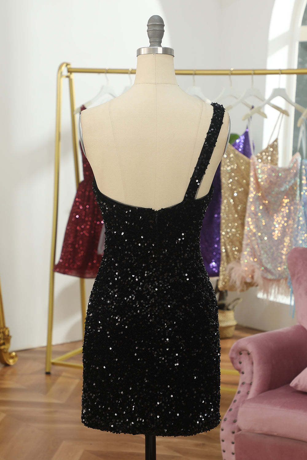 Sparkly Tight Black Sequins One Shoulder Cocktail Dress