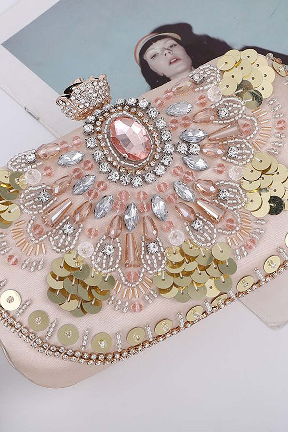 Evening Party Handbag with Sparkly Sequins and Beading in Blush
