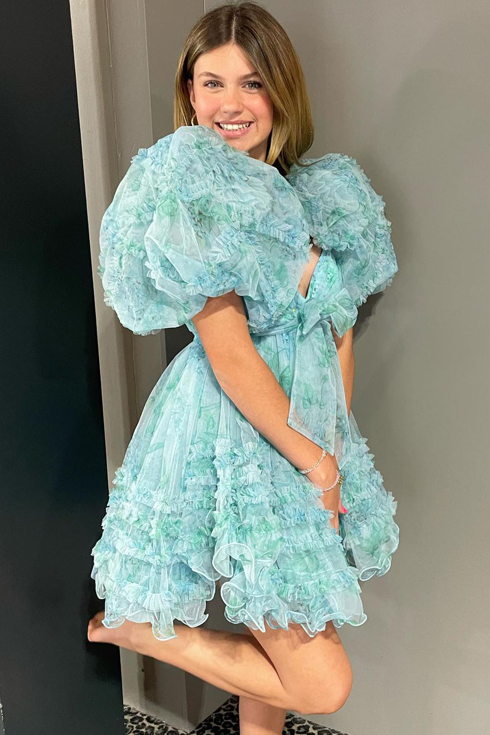 A Line Sweetheart Puff Sleeves Light Green Floral Short Cocktail Dress With Ruffles