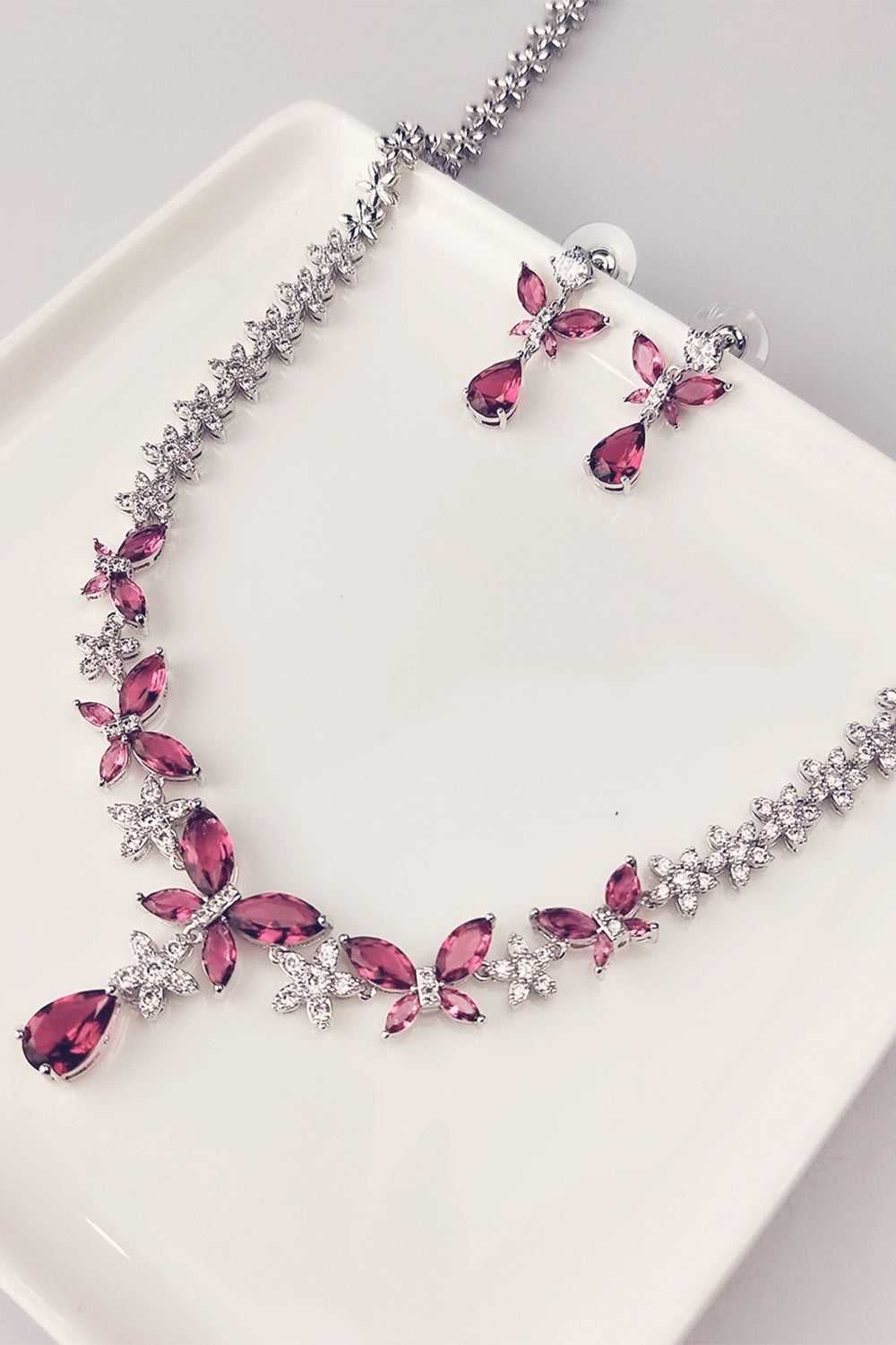 Crystal Drop Earrings and Necklace Set with Royal Blue Butterflies