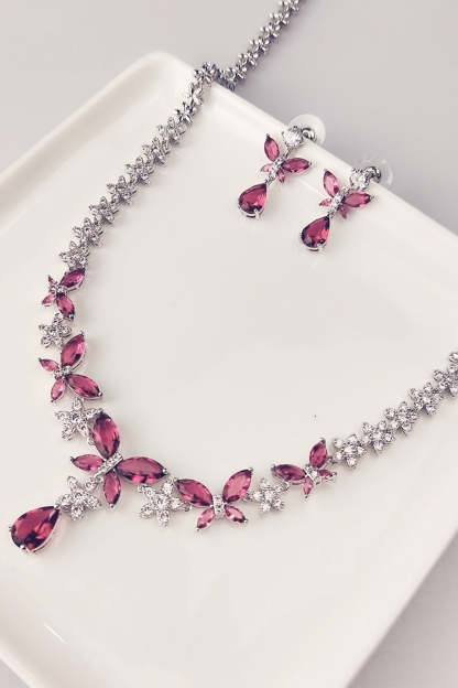 Crystal Drop Earrings and Necklace Set with Royal Blue Butterflies