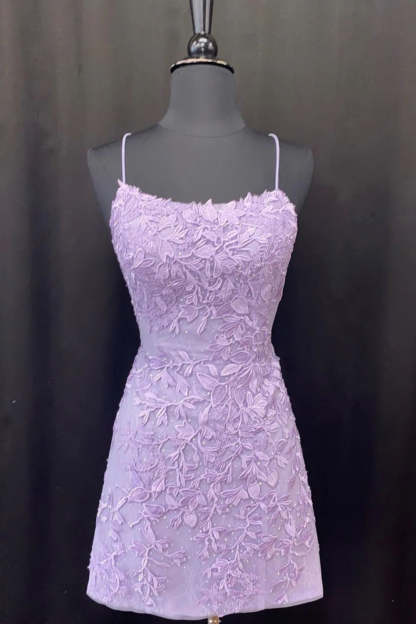 Purple Spaghetti Straps Bodycon Short Cocktail Dress With Appliques