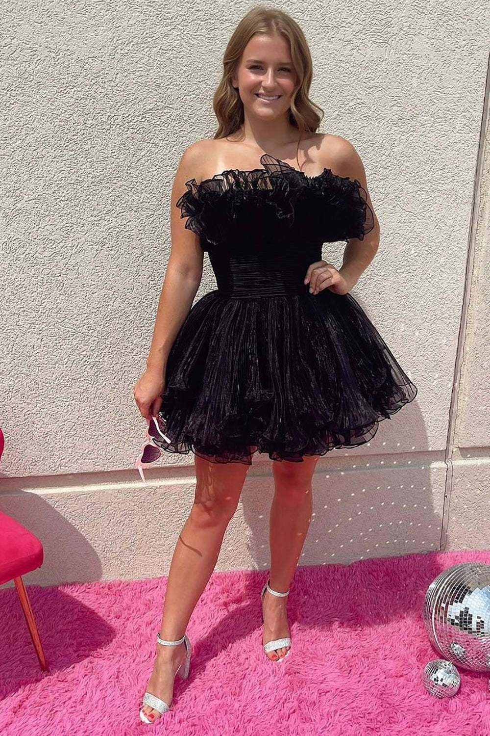 Chic Fuchsia Strapless A Line Short Cocktail Dress With Ruffles