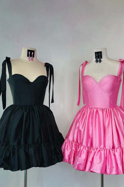 Princess A Line Spaghetti Straps Hot Pink Short Cocktail Dress With Ruched