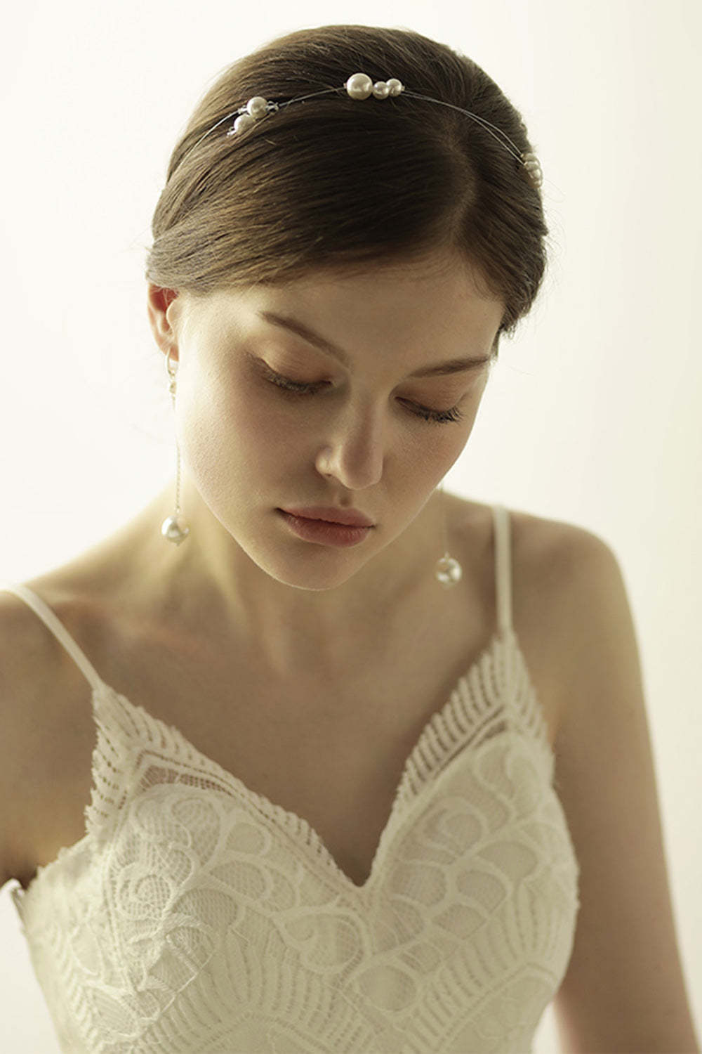 Bridal Headband Earrings with Large Pearl Fish Silk Thread