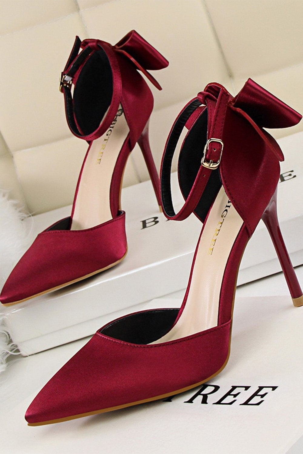 Prom Heels in Burgundy Satin Featuring a Bowknot