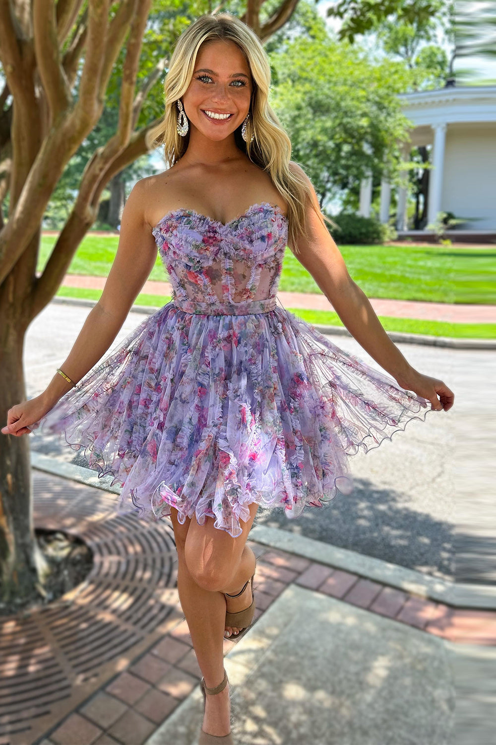 Gorgeous A Line Sweetheart Lilac Floral Printed Short Cocktail Dress