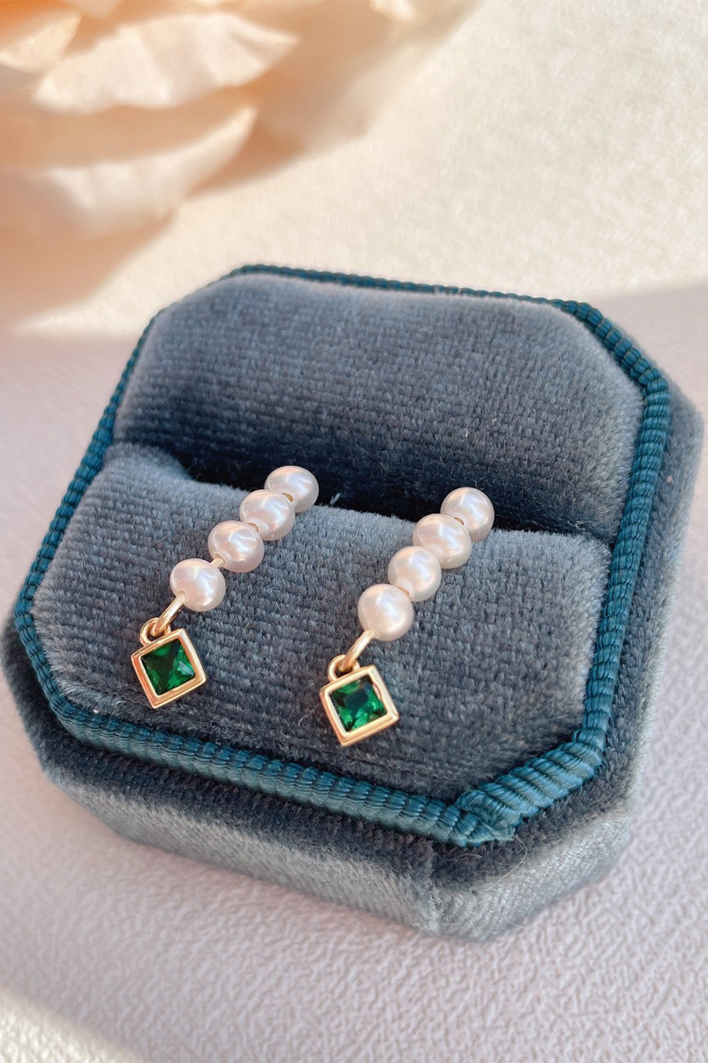 Green Rhinestone Earrings Featuring Natural Pearls