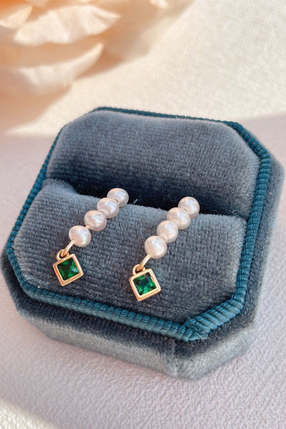 Green Rhinestone Earrings Featuring Natural Pearls