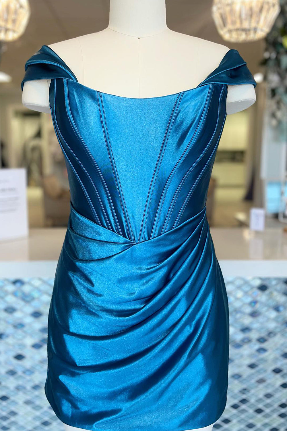 Trendy Bodycon Off The Shoulder Turquoise Short Cocktail Dress With Ruched