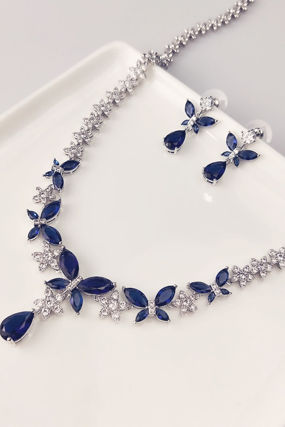Crystal Drop Earrings and Necklace Set with Royal Blue Butterflies