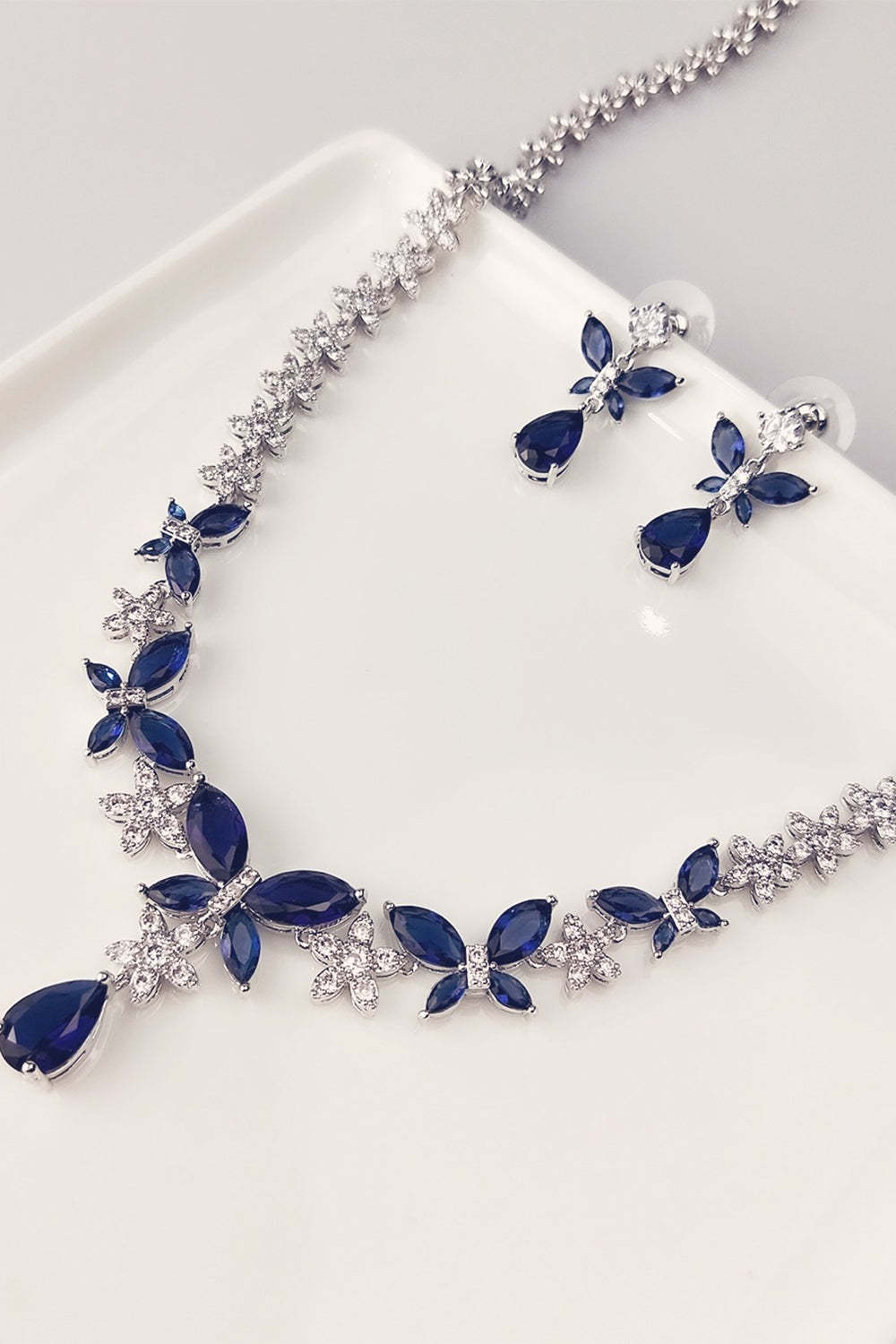 Crystal Drop Earrings and Necklace Set with Royal Blue Butterflies