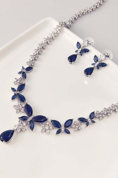 Crystal Drop Earrings and Necklace Set with Royal Blue Butterflies