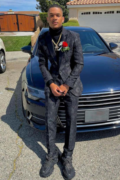 Dark Blue Jacquard Men's Prom Suit with Peak Lapel and One Button