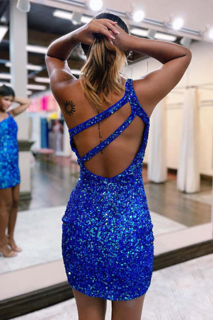 Glitter Bodycon One Shoulder Royal Blue Sequins Short Cocktail Dress With Keyhole