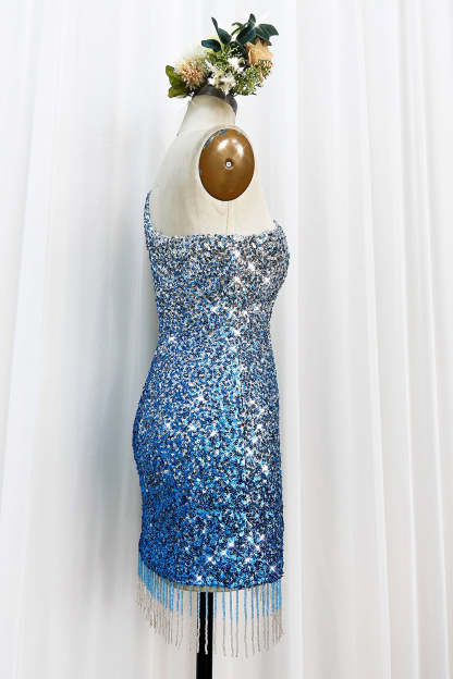 Sparkly Bodycon Spaghetti Straps Blue Sequins Short Cocktail Dress With Tassel
