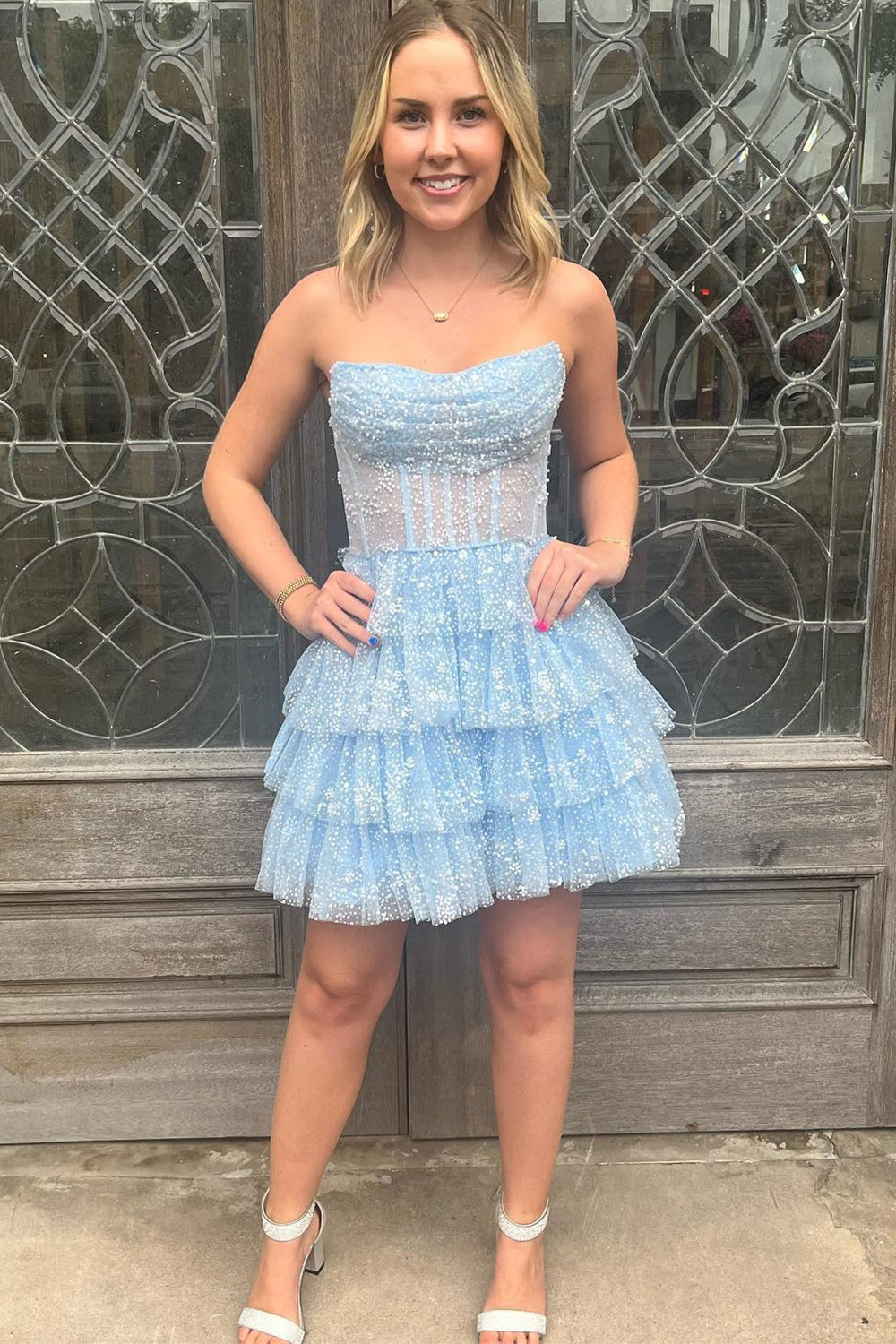 Cute A Line Strapless Lilac Corset Cocktail Dress With Ruffles