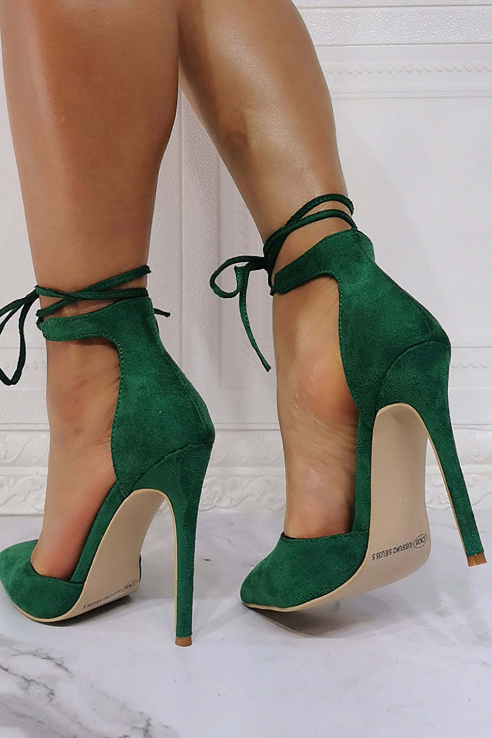 Sexy Stiletto Shoes with Dark Green Lace-up Design