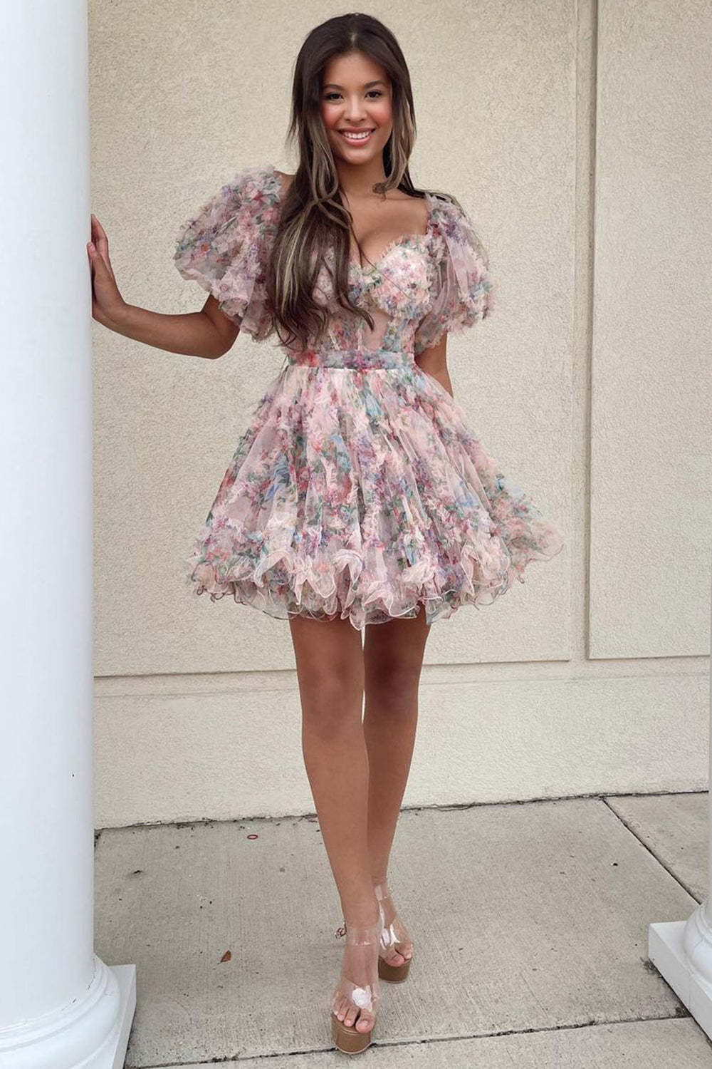 Cute A Line Off The Shoulder Pink Printed Short Cocktail Dress