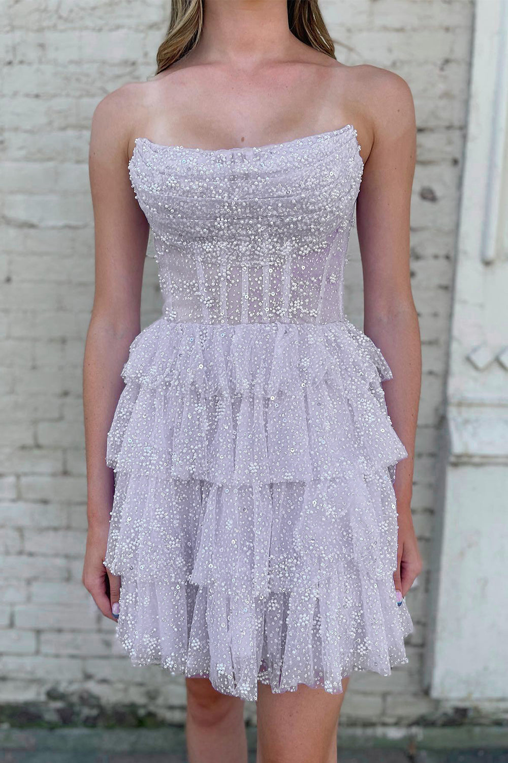 Cute A Line Strapless Lilac Corset Cocktail Dress With Ruffles