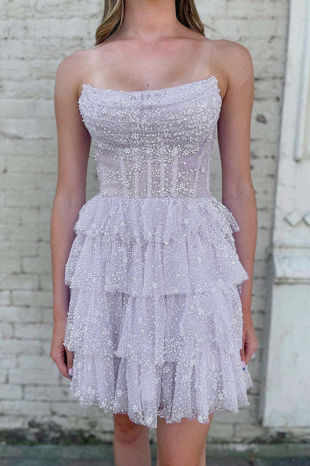 Cute A Line Strapless Lilac Corset Cocktail Dress With Ruffles