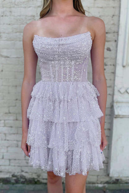 Cute A Line Strapless Lilac Corset Cocktail Dress With Ruffles