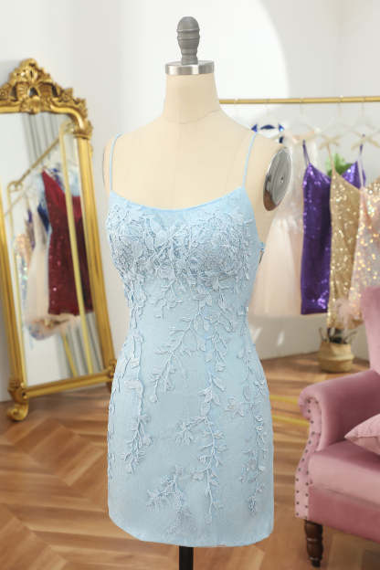 Light Blue Short Tight Cocktail Dress With Lace Beading