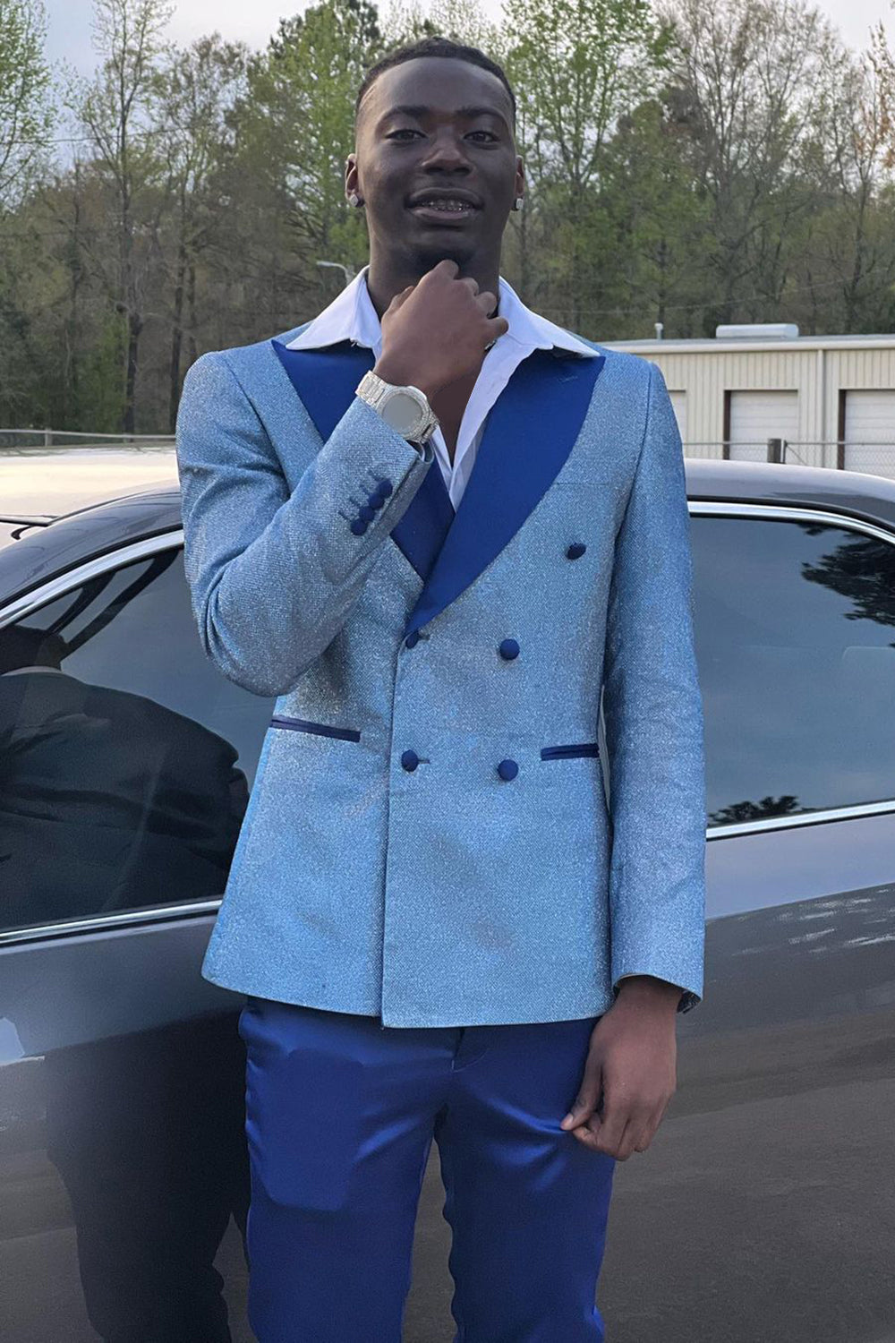 Sparkly Peak Lapel 2 Piece Prom Suits for Men in Grey Blue