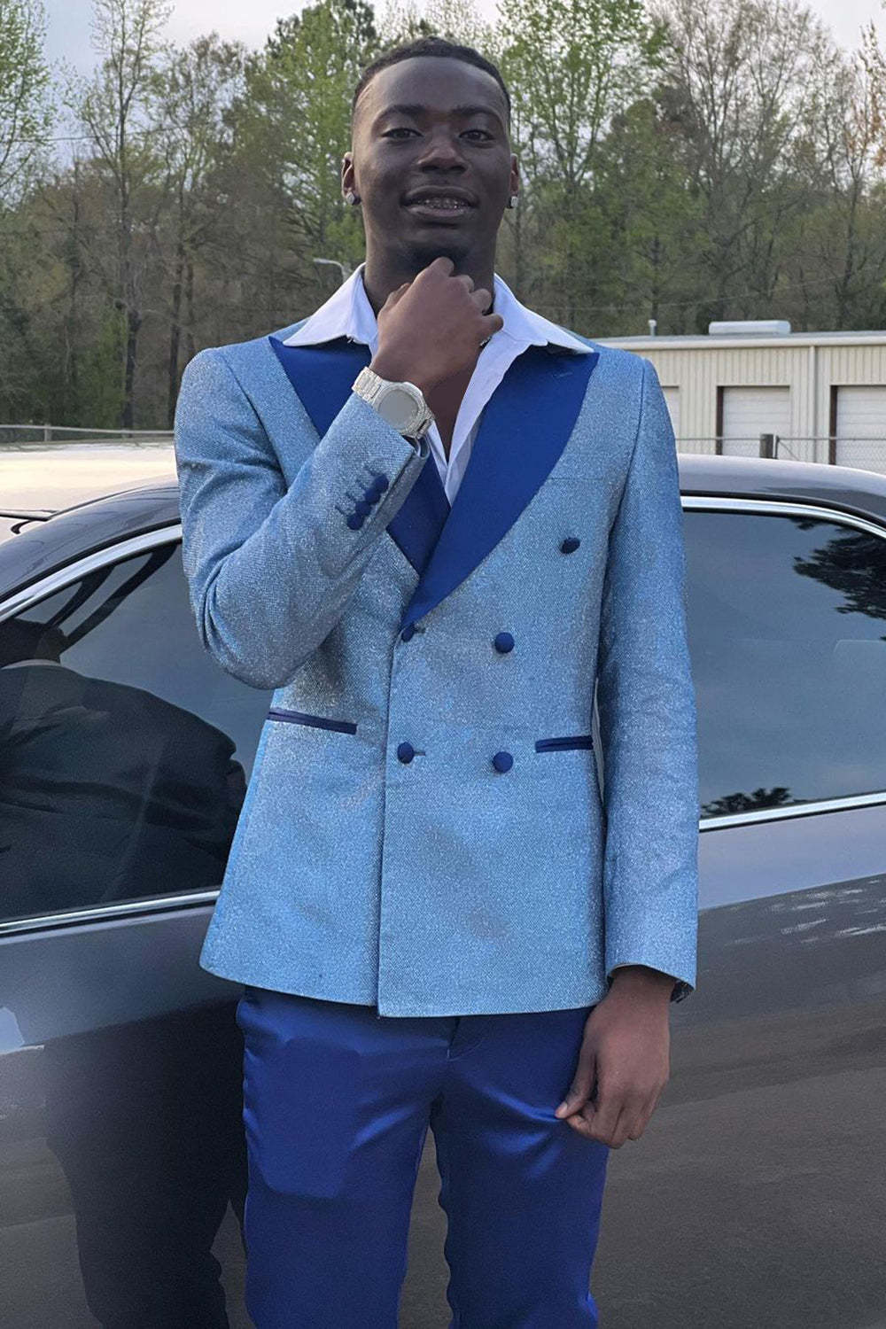 Sparkly Peak Lapel 2 Piece Prom Suits for Men in Grey Blue
