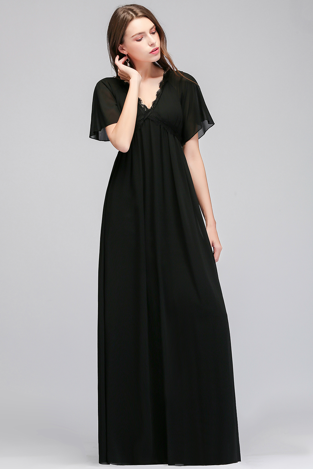 BMbridal Affordable Chiffon Black V Neck Bridesmaid Dresses with Short Sleeves