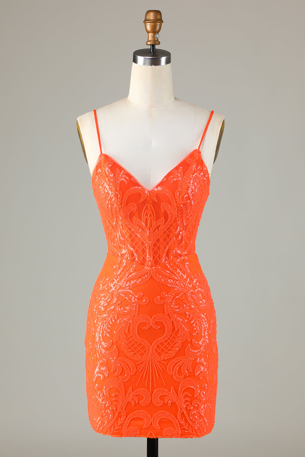 Sparkly Sheath Spaghetti Straps Orange Sequins Corset Cocktail Dress