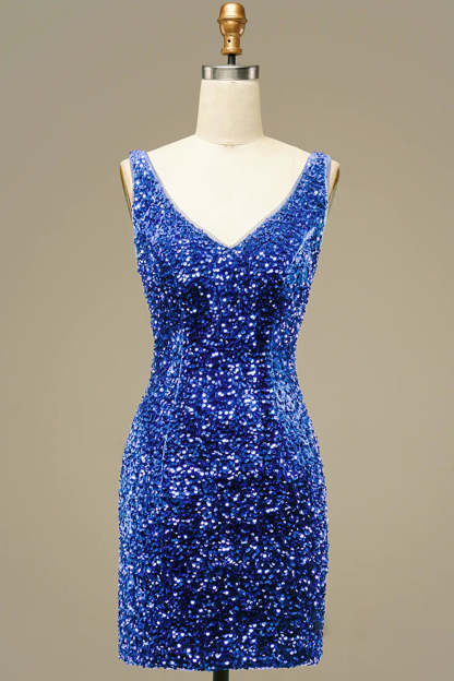 Light Blue Open Back Sequins Tight Cocktail Dress
